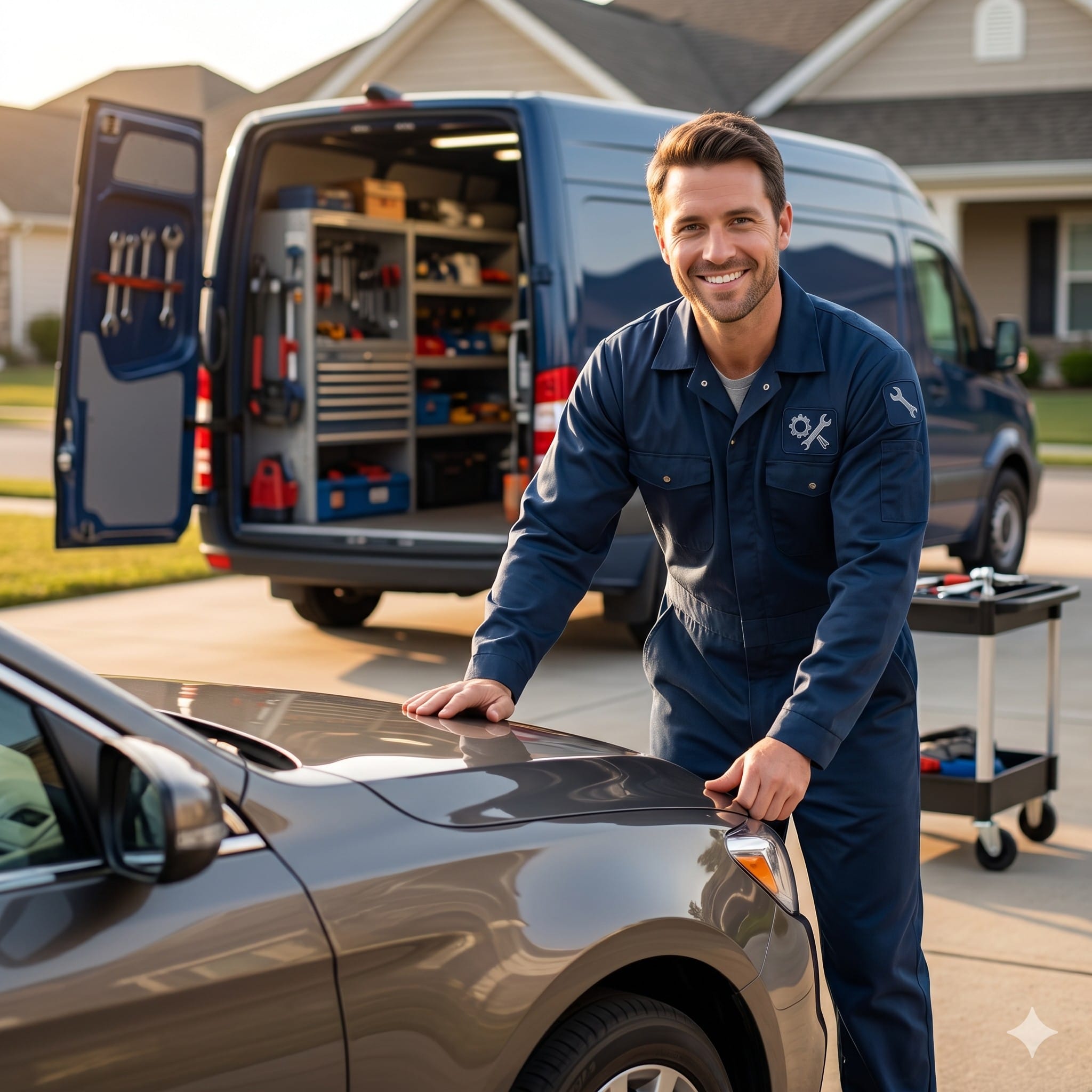 Professional WrenchPro mobile mechanic standing next to a fully equipped automotive repair van in Lebanon, TN.