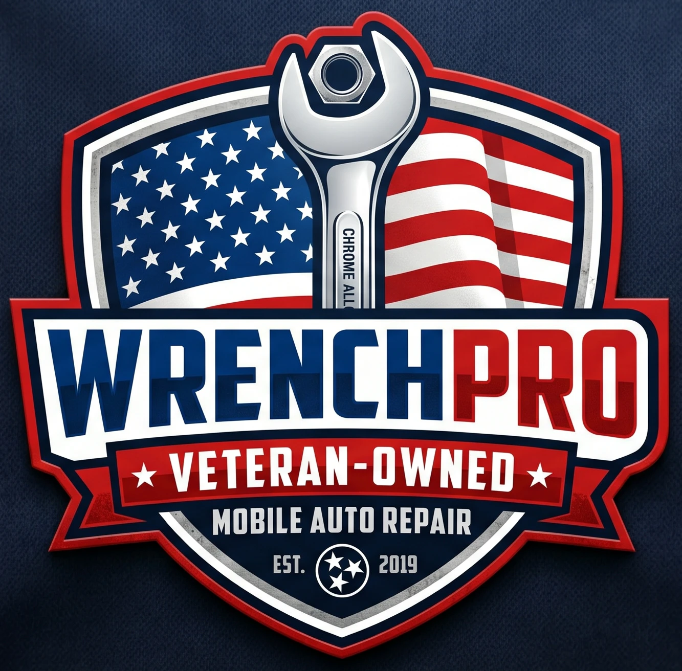 WrenchPro Mobile Automotive Repair veteran-owned logo featuring an American flag shield and wrench in Lebanon, Tennessee